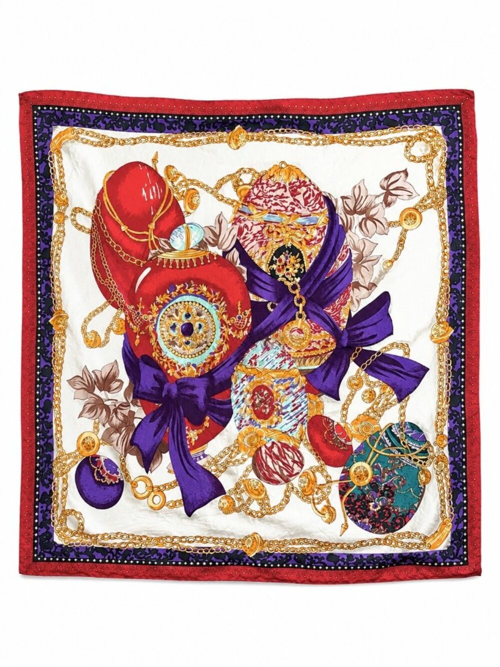 Fabergé Egg Print Rolled Edge Silk Scarf 31.5" Square Jewel Tone Vintage Style